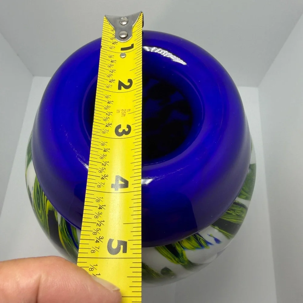 Hand Blown Studio Art Glass Vase Cobalt Green Yellow Swirl White 11 Inch